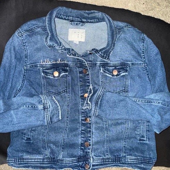 A New Day Hello Sunshine Embroidered Denim Jacket Raw Hem Blue Size L - Picture 6 of 7